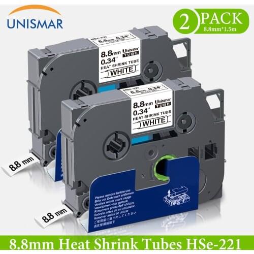 Unismar 2PK for Brother Heat Shrink Tubes 8.8mm*1.5m HSe221 HSe-221 HSe 221 Black on White Compatible P-touch Label Typewriter