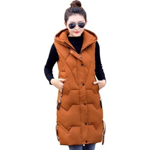 High Quality Women Winter Long Vest 2018 New Down Cotton Waistcoat Sleeveless Thicken Vest Hooded Slim Outerwear Vest Mujer Q942