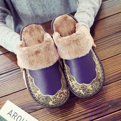 Women Genuine Leather Winter Slippers Fashion Warm Cowhide Natural Fur Slippers Men Home Shoes Plus Size Indoor House Shoes