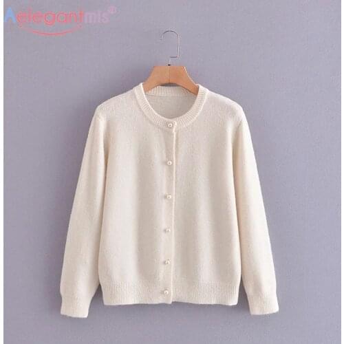 Aelegantmis O-Neck Knitted Cardigan for Women Pearl Buttons Sweaters Outwear Casual Solid Single Breasted Jumpers Female 2021