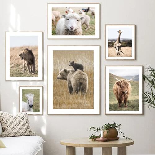 Giraffe Bear Lion Flock Horse Zebra Cow Grass Wall Art Print Canvas Painting Nordic Poster Wall Pictures For Living Room Decor