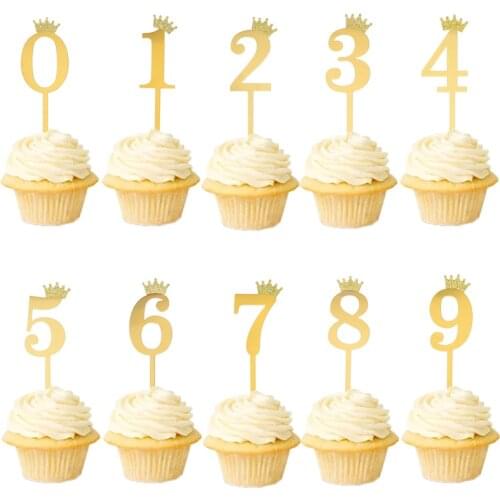 10Pcs Figure 0/1/2/3/4/5/9 Gold Silver Crown Number Cake Topper Wedding Kids Birthday Party Baby Shower Cake Decoration Supplies