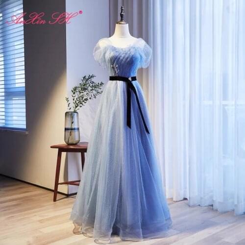 AnXin SH princess blue lace evening dress vintage party sweetheart beading black bow puff sleeve illusion bride evening dress
