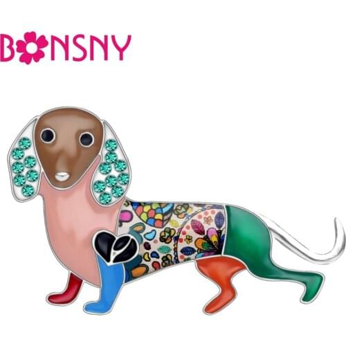 Bonsny Enamel Alloy Rhinestone Dachshund Dog Brooches Fashion Cute Animal Jewelry Pin For Women Girls Gift Clothes Decorations