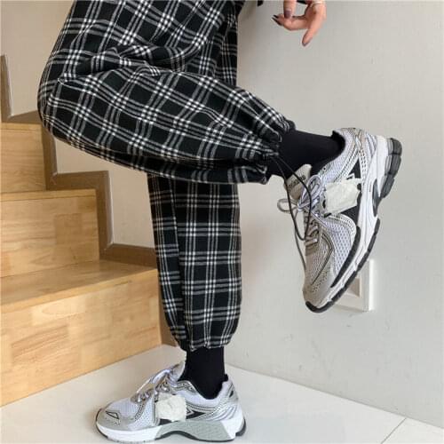 Plaid Pants Women PLUS Size 4XL Autumn Elastic Waist Sport Drawstring Sweatpants Loose Wide Leg Casual Jogger Ankle Banded Pants