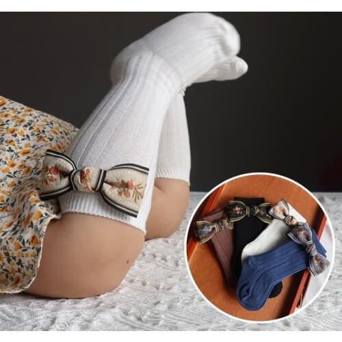 Spanish National Style Bowknot Childrens Socks Baby Double Needle Pit Bar Plain Medium Stockings Student Socks