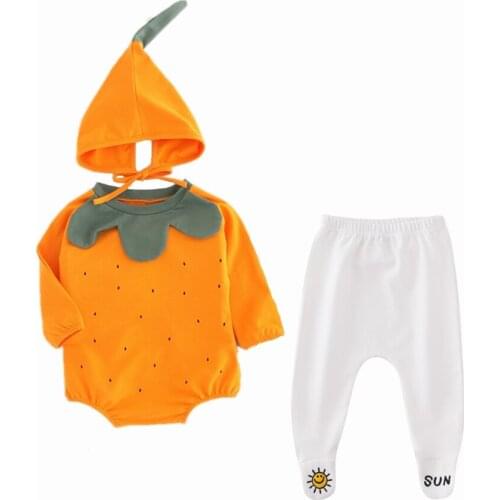 New Arrival Lovely Fruit Baby Cothes Triangle Romper Suit Orange Pumpkin Rope with Hat Two-piece Infant Clothes