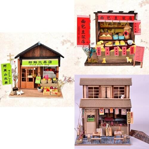 DIY Handicraft Miniature Project Wooden Dolls House Antique Chinese BBQ, Breakfast, Fruit Shop Gift