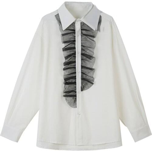 Four Seasons Mens Lace Long Sleeve Casual Shirt Palace Style White Loose Top K11