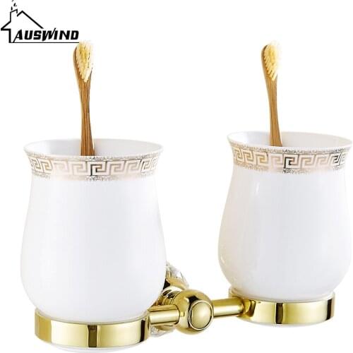 Crystal Brass Double Cup Tumbler Holders Glass Gold Toothbrush Cup Holders Bathroom Accessories