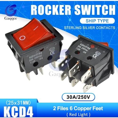KCD4 2 Files 6 Pins Feets Copper Rocker Switch Power Touch On/off Ship Type Switch with light Silver Contacts 30A/250V 25*31MM