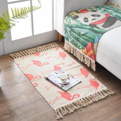 Cartoon Panda Print Carpet With Tassels Hand Braided Cotton Linen Kitchen Floor Mat 60*90CM Kids Bedroom Sofa Bedside Area Rugs