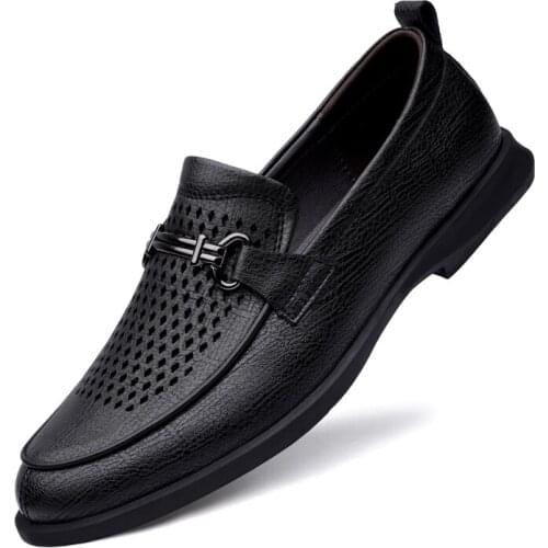 Mens Shoes Genuine Leather Business Formal Wear Breathable Casual Shoes Holes Hollow Summer Oxfords For Men Dress Loafers White