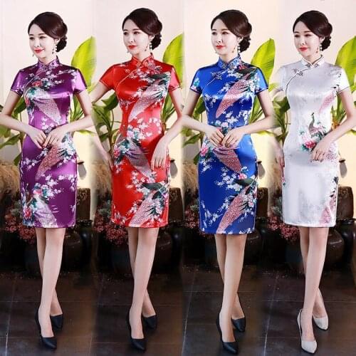 Spring Summer Improved Cheongsam Dress Satin Printing Daily Banquet WomenS Plus Size Mother Dress Performance Modern Qipao