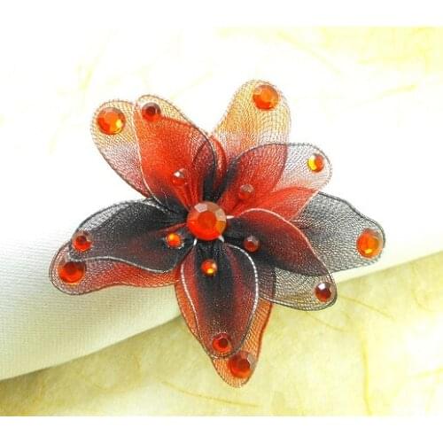 Dark red crystal flower napkin ring, beaded wedding napkin holder