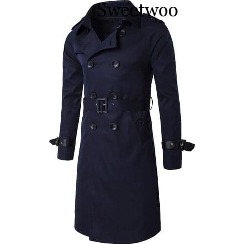 Men Trenchcoat British Style Classic Trench Coat Jacket Double Breasted Long Slim Outwear Adjustable Belt Leather Sleeve Belt