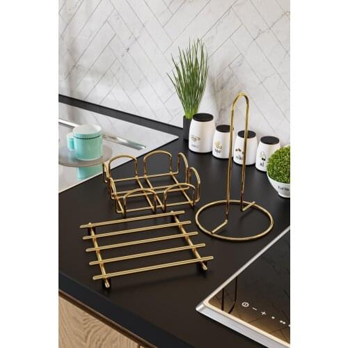 Service Presentation Set Towel Holder Napkin Gold Filled Shiny Stainless Steel 3 Pcs Kitchen
