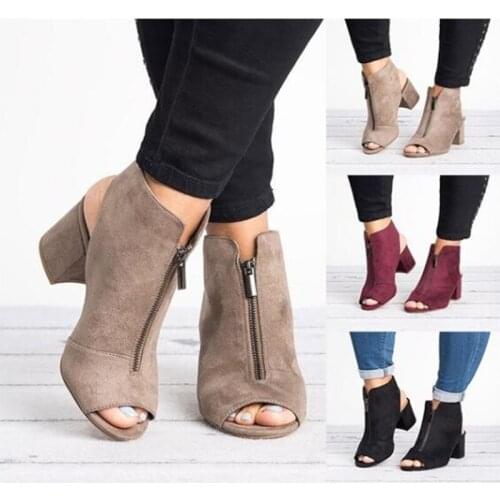 New Ankle Boots Faux Suede Leather Casual Open Peep Toe High Heels Zipper Fashion Square Rubber Black Shoes For Women Size 34-43