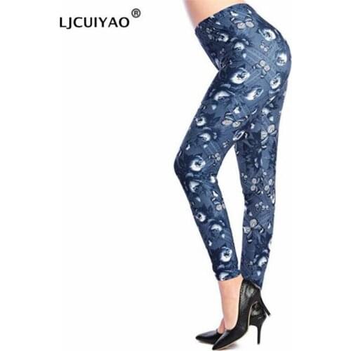 LJCUIYAO Women Workout Leggings Skinny Leggings Butterfly 3D Print Casual Pants High Waist Imitation Denim Ankle-Length Trousers