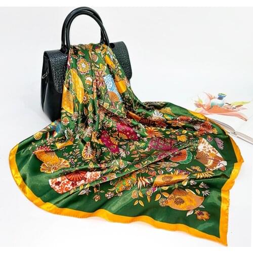 Fan Satin Imitation Silk Scarf Female Printing Custom Logo Satin Big Shawl 90CM Factory Gift Wholesale Scarf