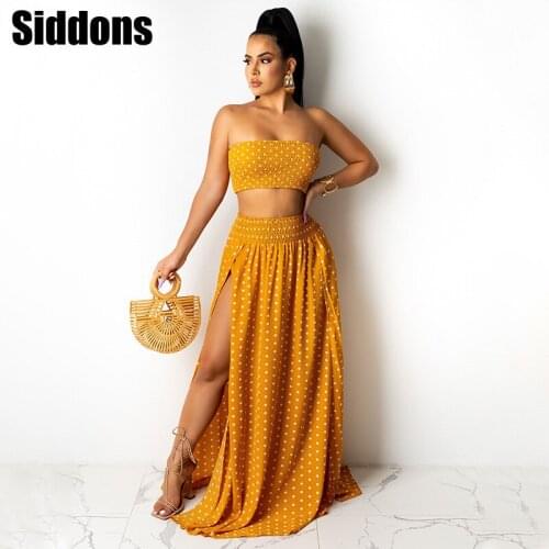 Women Summer Two Piece Skirt Set Women Polka Dot Bandeau Double Slit Skirt Cover Up Maxi Dress Sundress