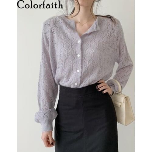 Colorfaith 2020 Autumn Winter Womens Hollow Out Sexy Knitwear Stylish Knitted Button Cardigans Korean Lady Sweaters SWC3331