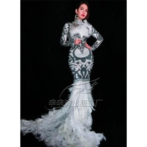 2020 Women New Bright Rhinestones White Feather Sexy Dress Birthday Celebrate Outfit Dress Nightclub Bar Singer Dance Show Dress
