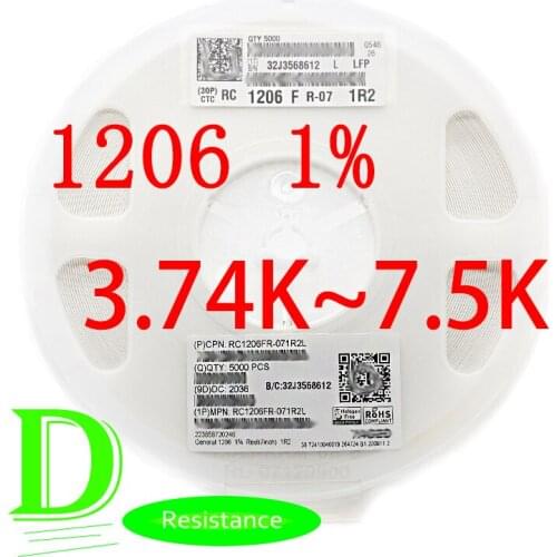 100PCS SMD Resistor RC Series 1206 1% RC1206FR-07 Series 3.74K-7.5K All resistors 3.9K 4.3K 4.7K 5.1K 5.6K 6.2K 6.8K 7.5K
