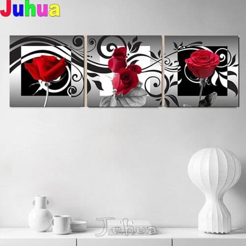 3 Pieces red Rose Diamond Paintings Full Square Triptych Home Decor Diamond Embroidery Cross Stitch paste Art Crafts Flowers
