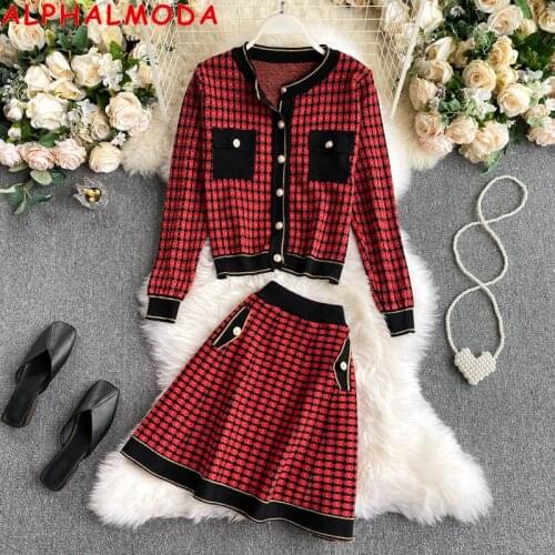 ALPHALMODA Office Ladies Fashion Long-sleeved Cardigans A-like Skirt 2pcs Knitting Suits Vintage Style Trendy Pocket Jumper Set