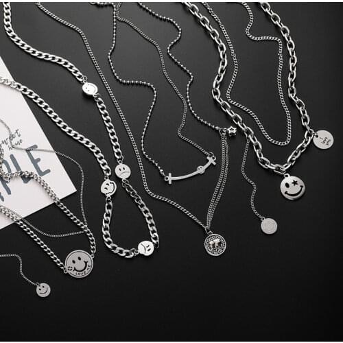 2020 Fashion Metal Smile Face Double Layered Pendant Necklace for Women Girl Alloy Chain Letter Print Choker Necklaces Gifts