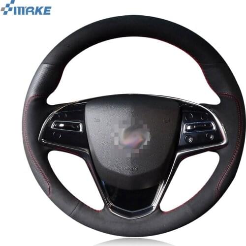 SmRKE For Cadillac ATS-L CTS SRX CT6 XT5 Steering Wheel Cover DIY Hand-stitched Car Interior Case Top Leather