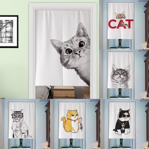 Black And White Hand Printed Cat Cotton Linen Door Curtain Bedroom Partition Curtain Kitchen Half Curtain