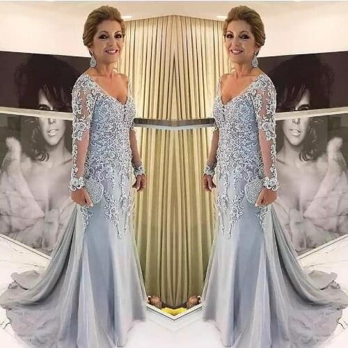 Elegant Blue Silver Mother of the Bride Dresses Long Sleeves 2021 V Neck Godmother Evening Dresses Wedding Party Guest Gowns New