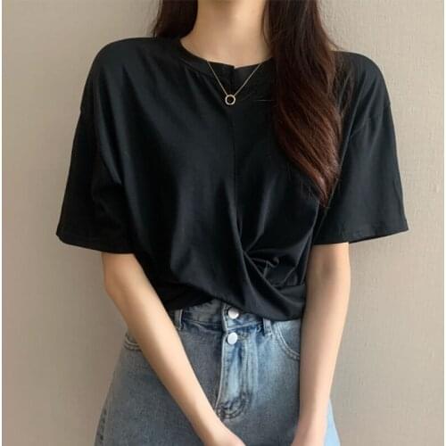 Women Cotton Summer New T Shirt Basic Solid Asymmetrical Casual Short Top Female O Neck Slim Thin Short Sleeve Tee T-Shirt Femme