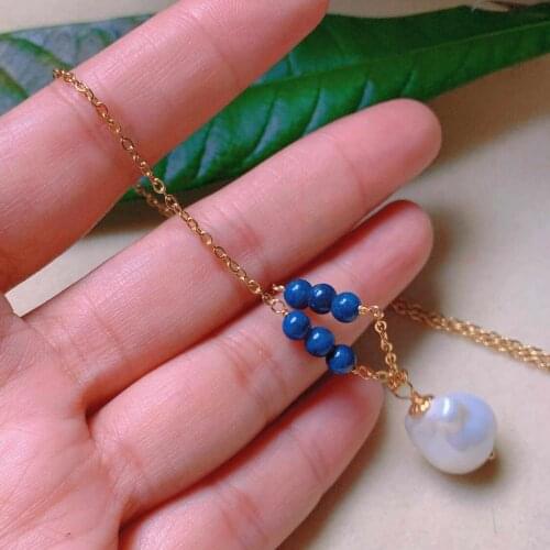 Fashion natural white shell pearl lapis lazuli beads gold necklace Necklace Gem Women quadrilateral Point energy Square green