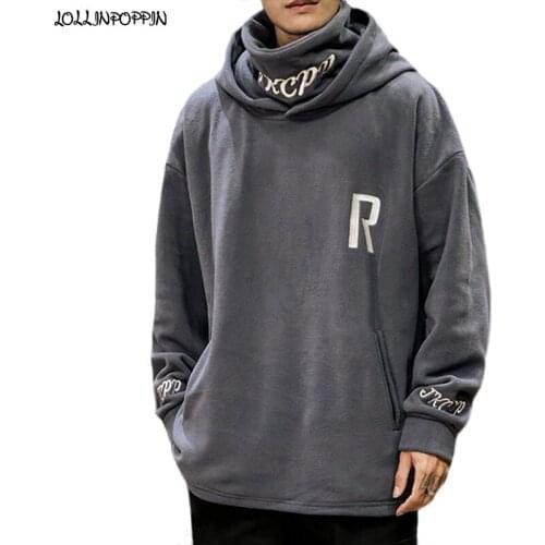 Japan Style Letters Embroidery Men Loose Hoodies High Neck Pullovers 100% Polyester Fleece Hip Hop Mens Hooded Sweatshirts
