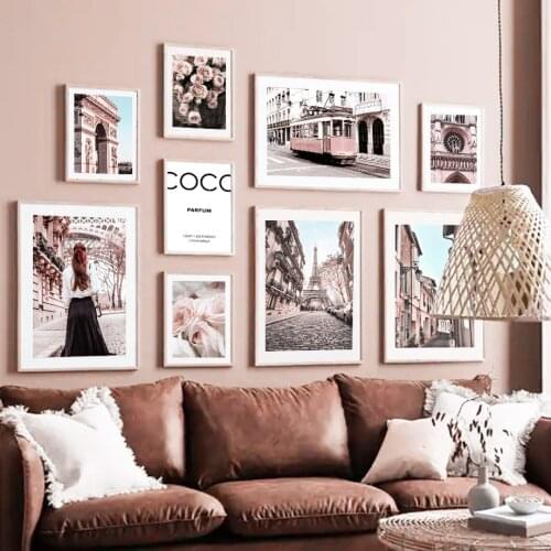 Paris Tower Rose Girl Tram Building City Wall Art Canvas Painting Nordic Posters And Prints Wall Pictures For Living Room Decor