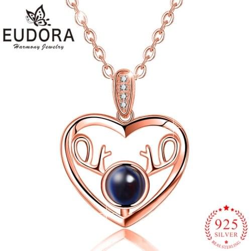 Eudora Real 925 Sterling Silver 100 Language i love you Necklace Rose Gold Heart Antlers Pendant Fashion Jewelry for Women Girls