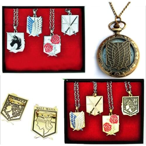 Attack On Titan Cosplay Necklaces Badge Set Wings Of Freedom Vintage Pocket Watch Levi Ackerman Pendant Anime Jewelry Gift