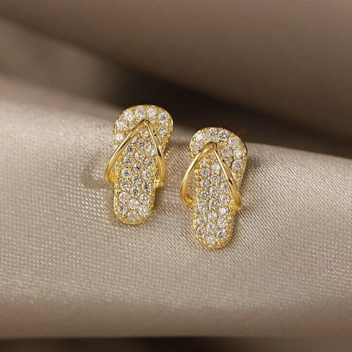 Origin Summer Korean Fashion Slippers Rhinestone Stud Earring for Women Unusual Gold Color Metallic Party Earring Jewelry
