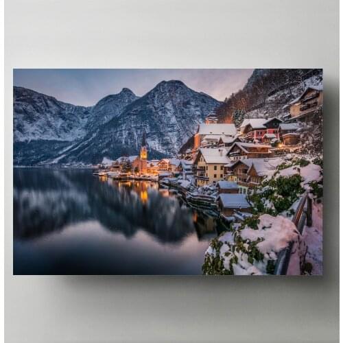 Modern Art Print Poster Hallstatt Austria Houses Mountains Lake Winter Wall Picture Canvas Painting for Living Room Decor