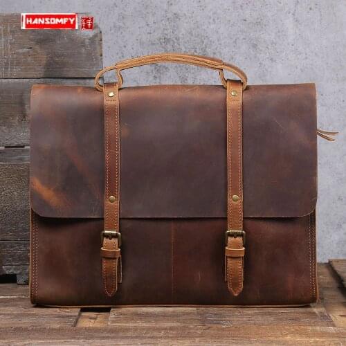 Briefcase Mens Handbag 15.6 Inch Laptop Bag Shoulder Messenger File Bags British First Layer Cowhide Vintage Simple Leather