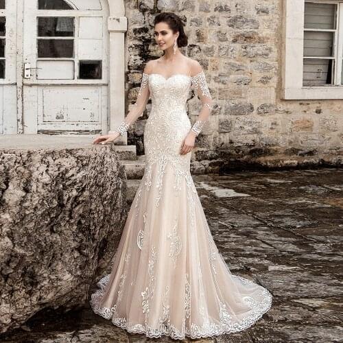 Mermaid Wedding Dresses Long Sleeve China Robe De Mariee Sirene Spaghetti Straps Buttons Up Appliques Gowns Bruiloft