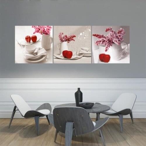 Triple Red Apple Vase Canvas Painting Decorative Oil Painting Wall Art Canvas Frameless Wall Pictures for Living Room Pictures