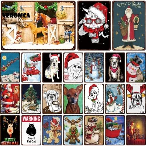 Merry Chirstmas Tin Sign Warning Vintage Metal Sign Cute Dogs Retro Plates Plaque Sign Metal Wall Decor Wall Poster Garden Home