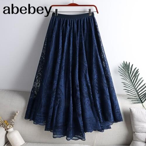 Vintage Women Lace Crochet Umbrella Long Skirts 2021 New Bohemian High Waist Hollow Out Female Maxi Skirts Spring Summer