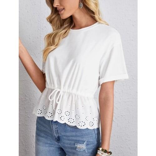 Autumn Women T-Shirts Sexy Lace Solid Color Black White Shirt Slim Round Neck Lace-Up Casual Female Blouse Top Tees Femme C2934