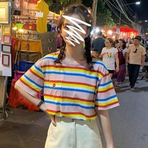 Women T Shirts Korean Rainbow Striped Tee Shirts Sumemr O-neck Loose T-Shirt Woman Clothes Short Sleeve Tee