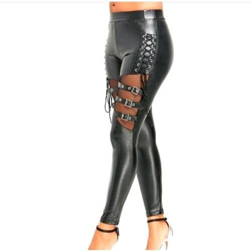 KH66 2019 Fashion New Women Faux Leather Pants PU Legging Back Adjust Hip Legs Pencil Patchwork Buckle Thigh Ladies Trousers